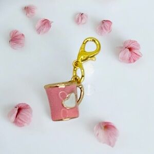 Coffee Cup Pink With a Heart Gold Tone Bag, Shoe, Zipper Pull Charm Valentine